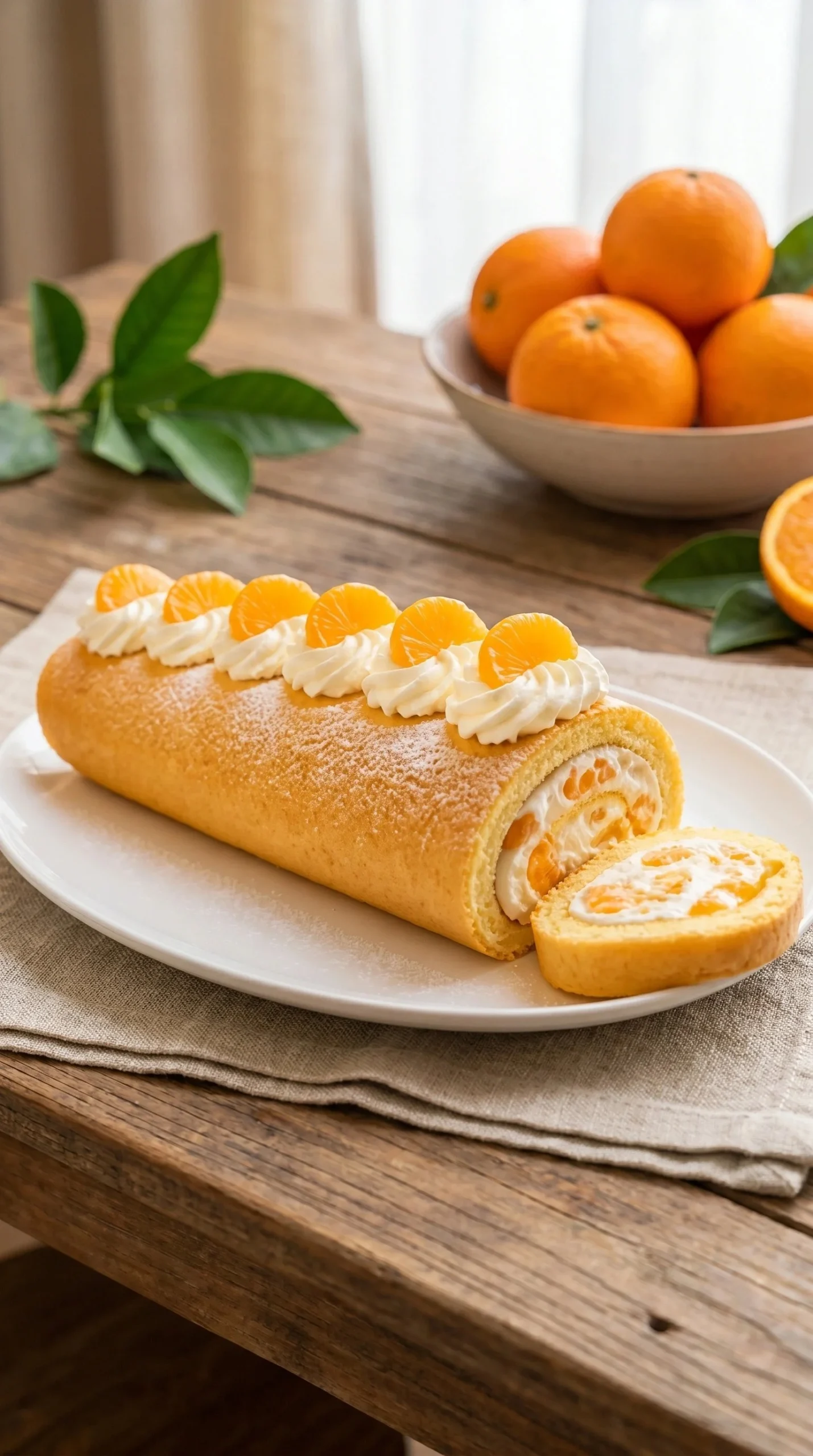 Delicious Mandarin Biscuit Roll with Cream on a plate, garnished with orange slices