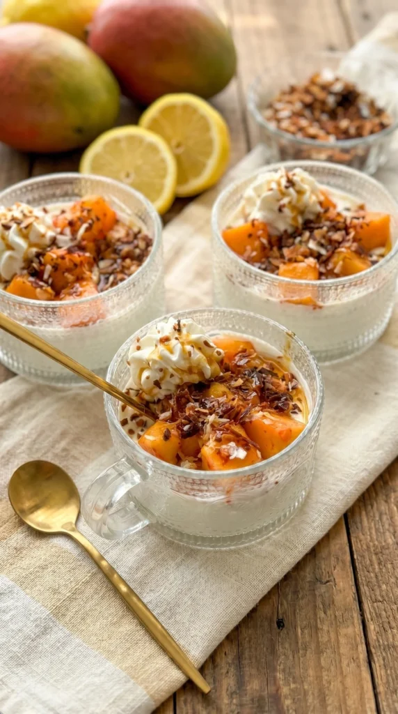 Mango cheesecake breakfast bowl with fresh fruit and mini snack cups