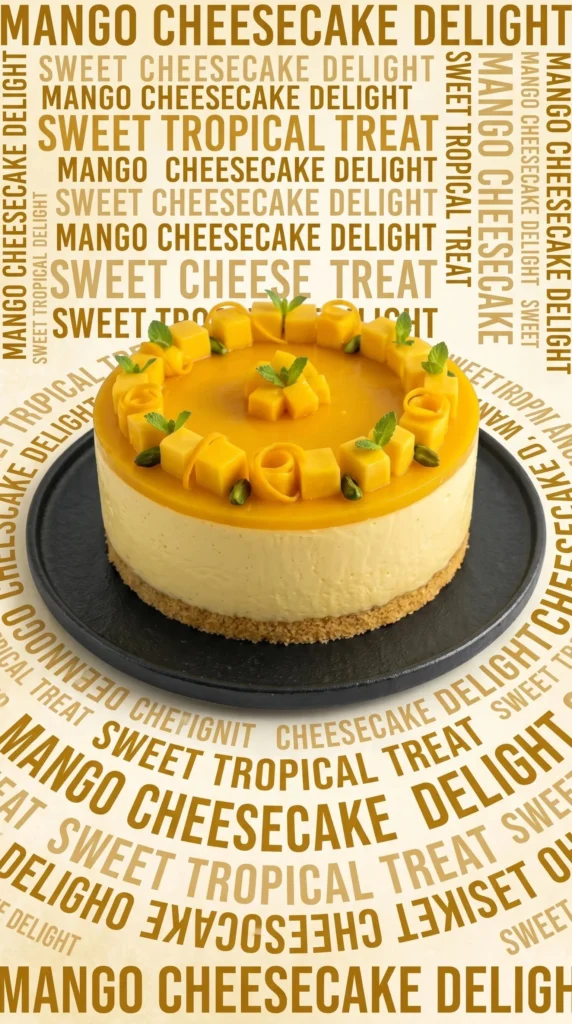 Delicious mango cheesecake topped with fresh mango slices and cream