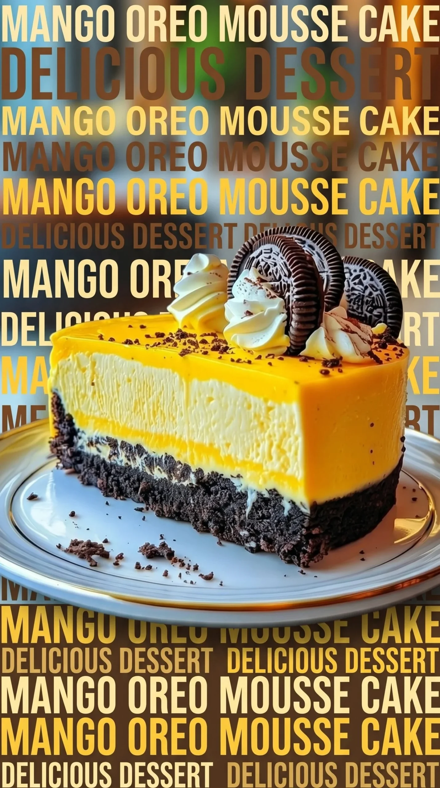 Mango Oreo Cheesecake Dream topped with mango slices and Oreo crumbs.