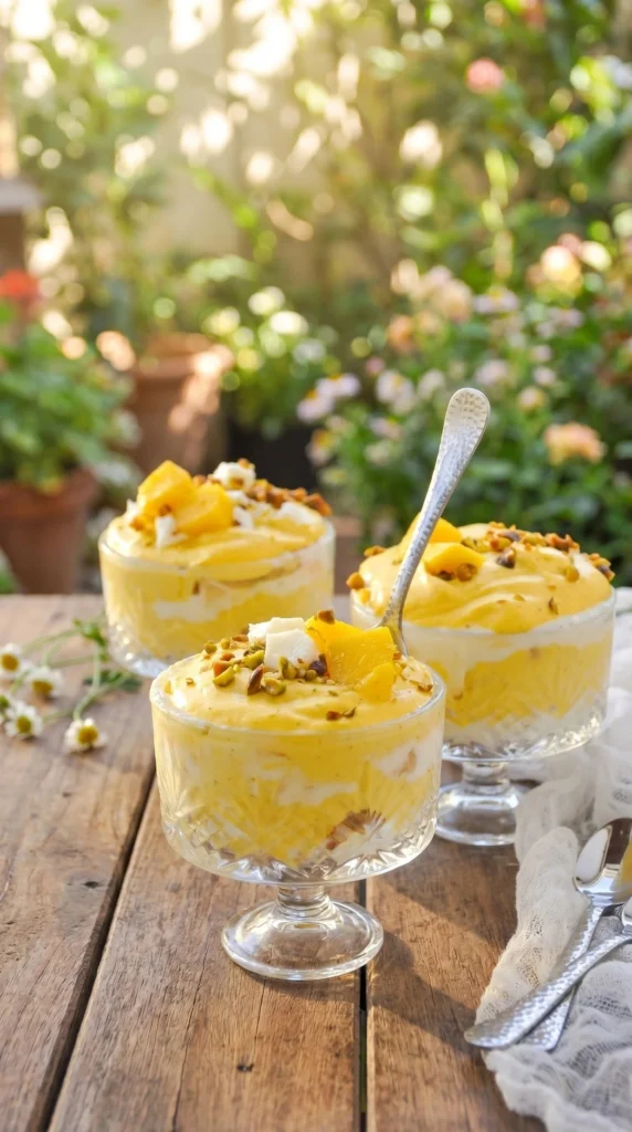 Mango Rasmalai Tiramisu dessert showcasing layers of cream, mango, and tea-soaked cake.