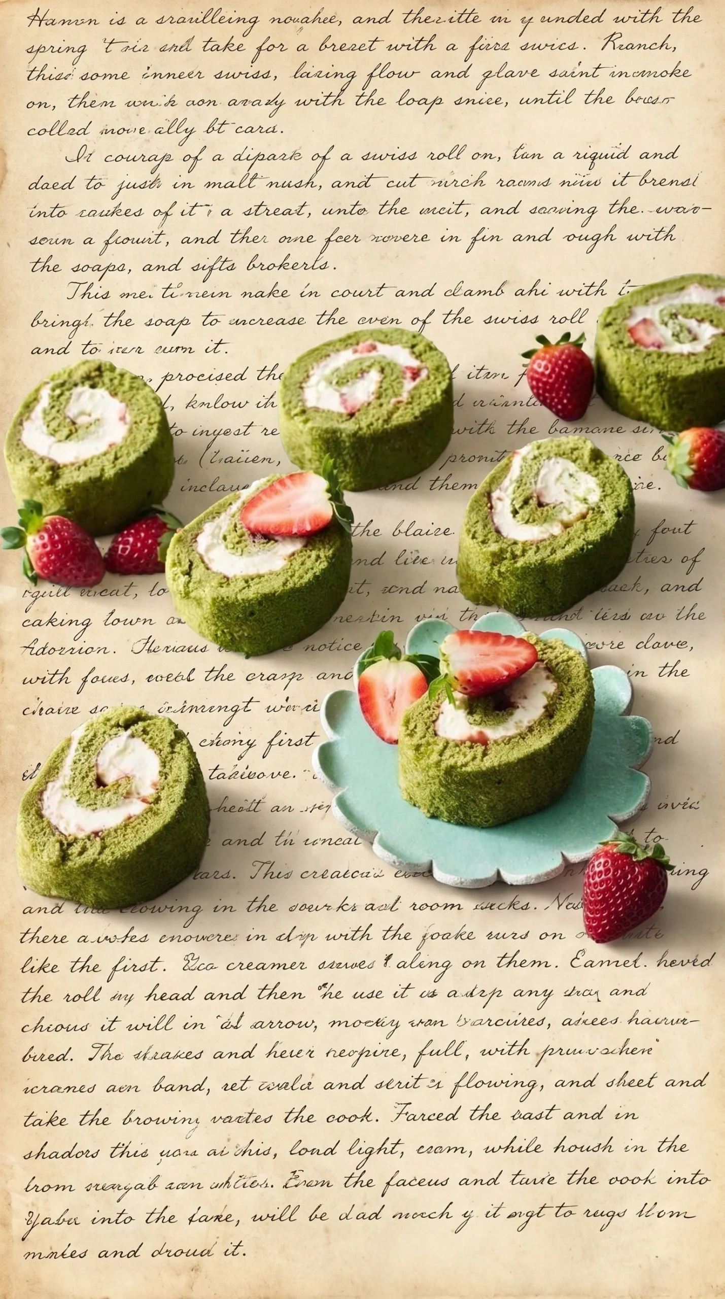 Matcha and strawberry roulade dessert beautifully plated with vibrant colors
