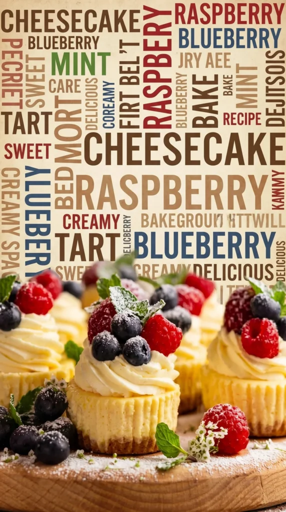 Delicious mini cheesecakes topped with fresh fruit and whipped cream