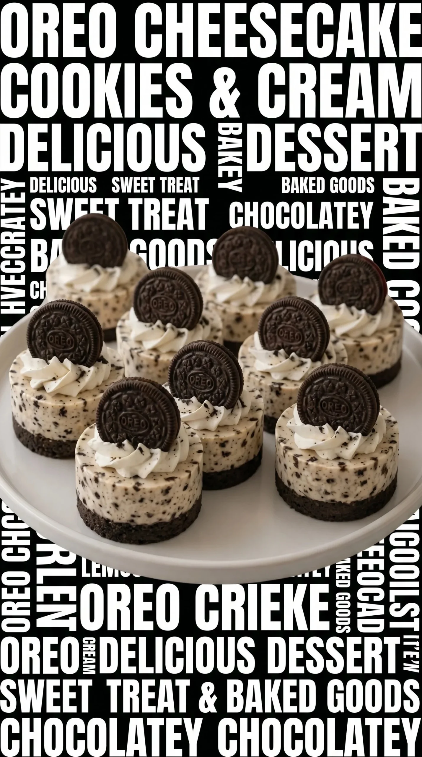 Delicious mini Oreo cheesecakes topped with crushed Oreos and whipped cream