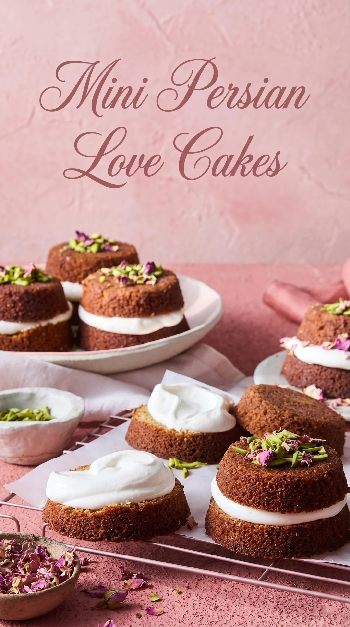 Mini Persian Love Cakes topped with rose petals and pistachios