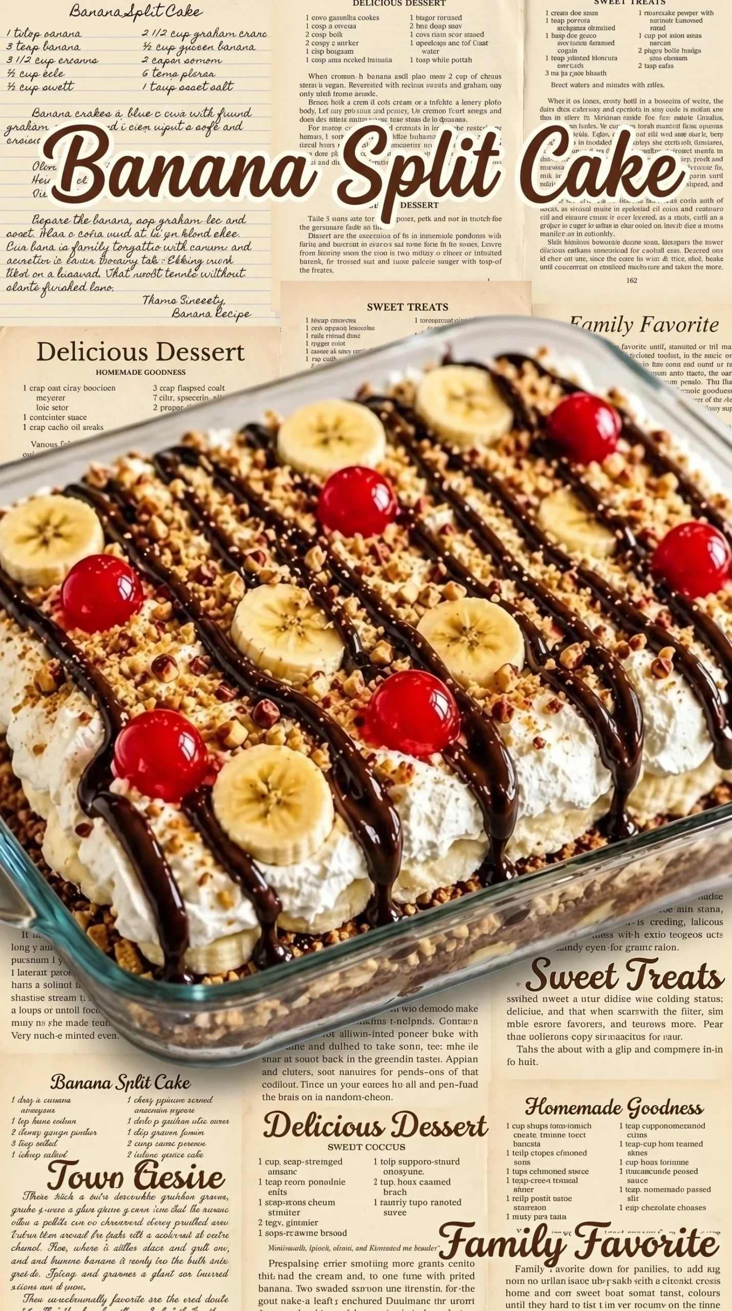 Delicious no-bake banana split cake with layers of cream, bananas, and chocolate sauce