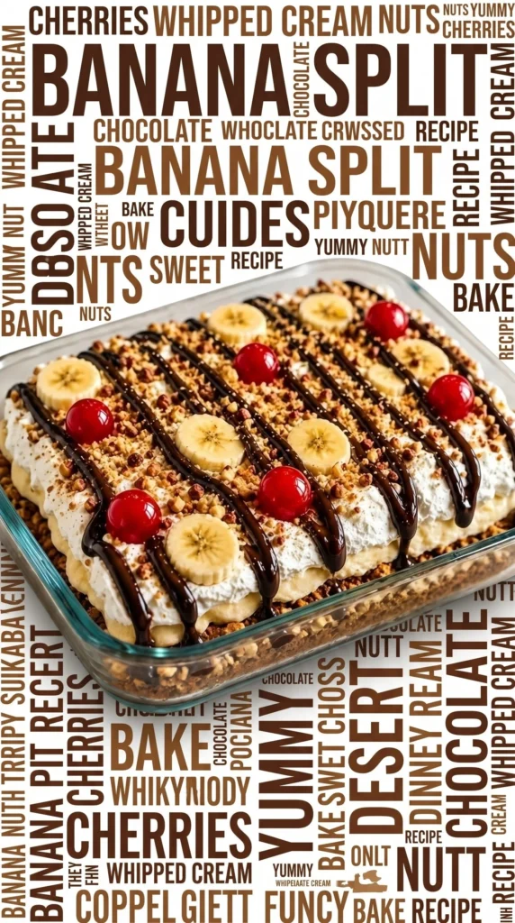 No-bake banana split cake with layers of banana, whipped cream, and chocolate topping.