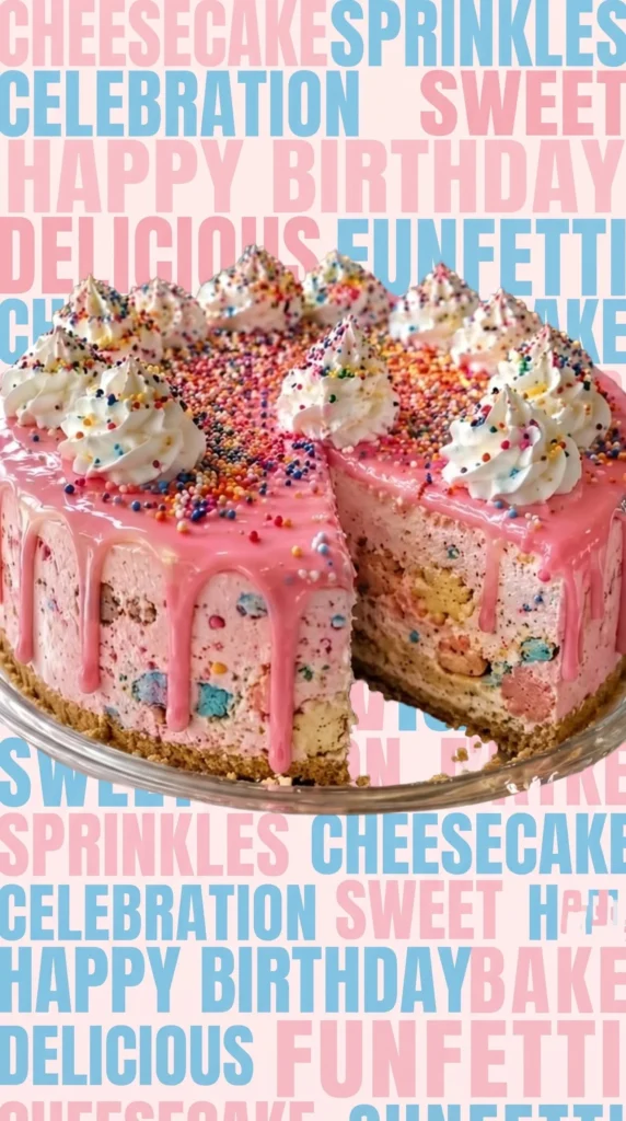 No-bake circus animal cookie cheesecake decorated with colorful sprinkles.