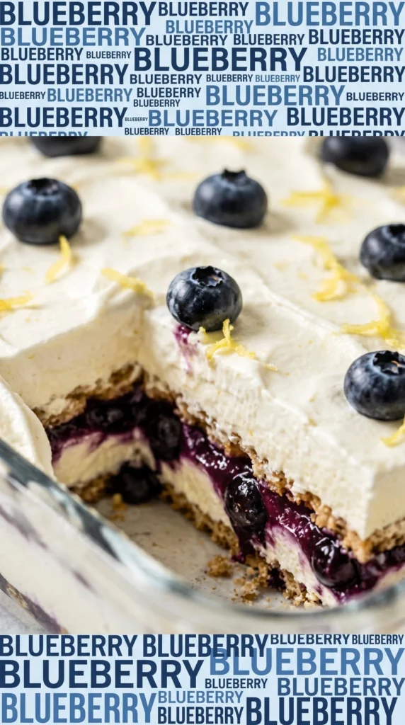 No bake lemon blueberry icebox cake featuring layers of cream and fresh blueberries