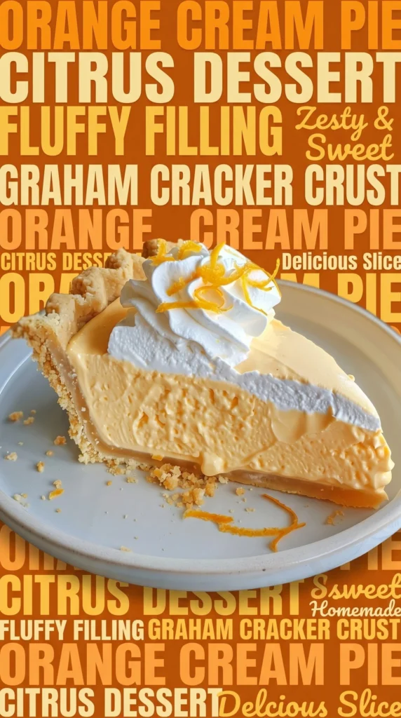 Slice of orange creamsicle freezer pie on a plate with an orange garnish