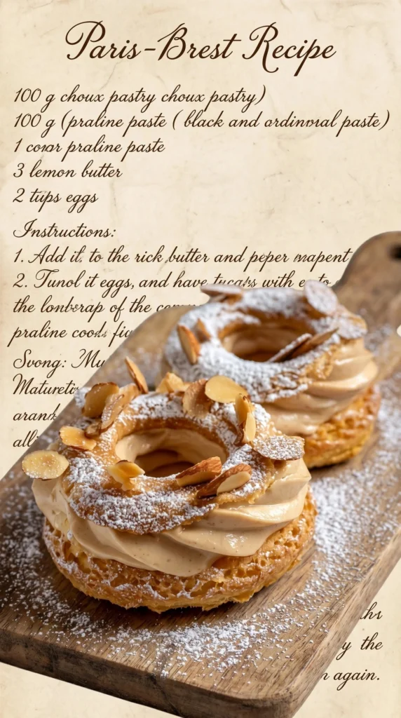 Delicious Paris-Brest pastry filled with crunchy praline cream and topped with almonds.