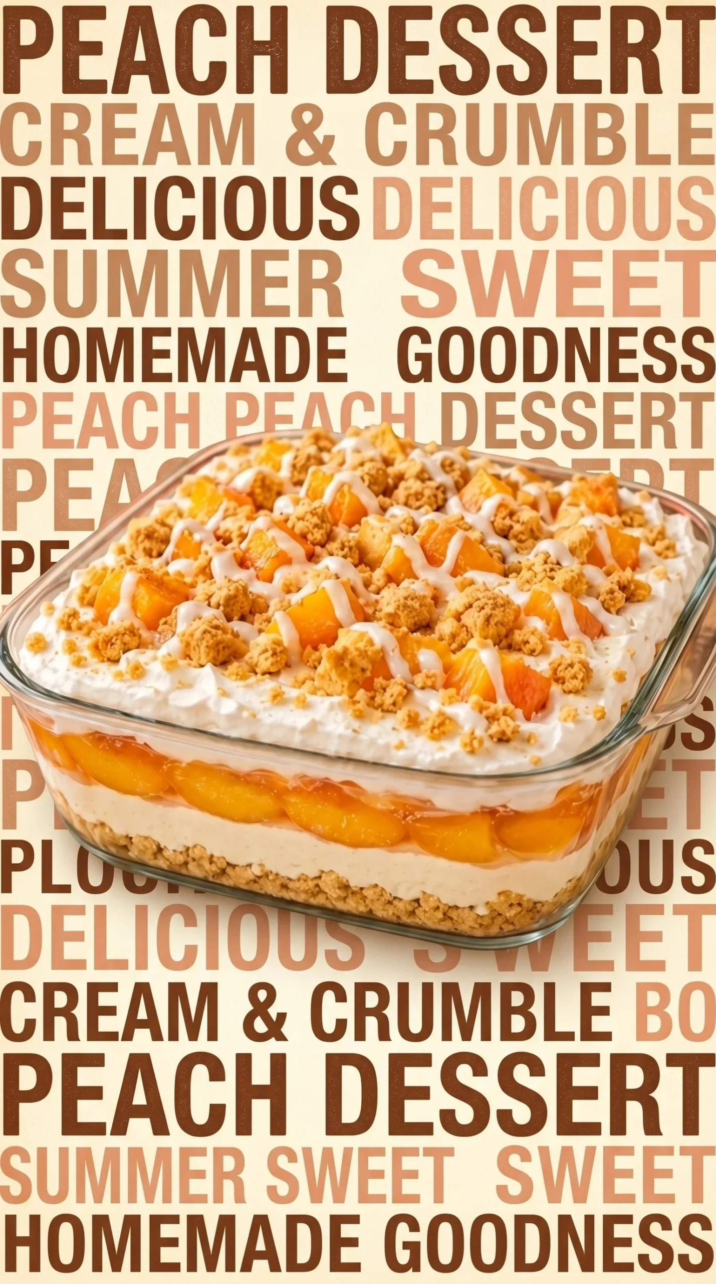 Delicious Peach Cobbler Cheesecake Lush dessert topped with fresh peaches and whipped cream.