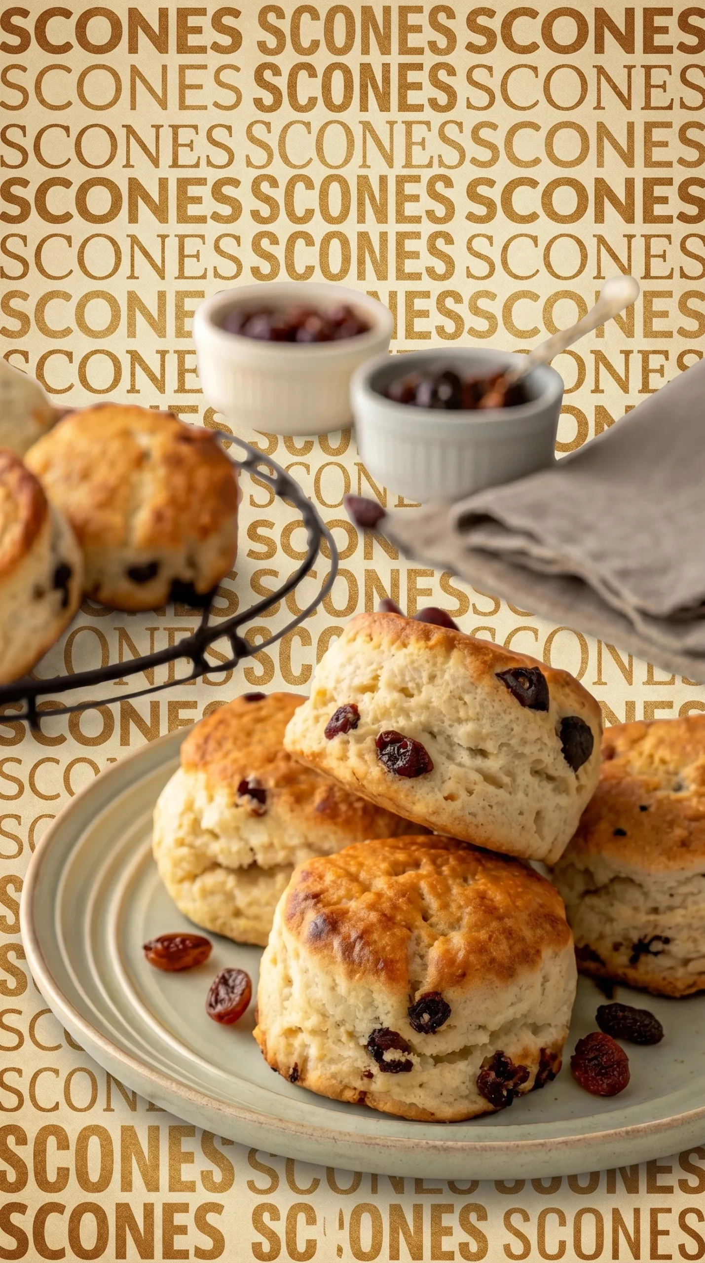 Freshly baked perfectly fluffy raisin scones on a plate.