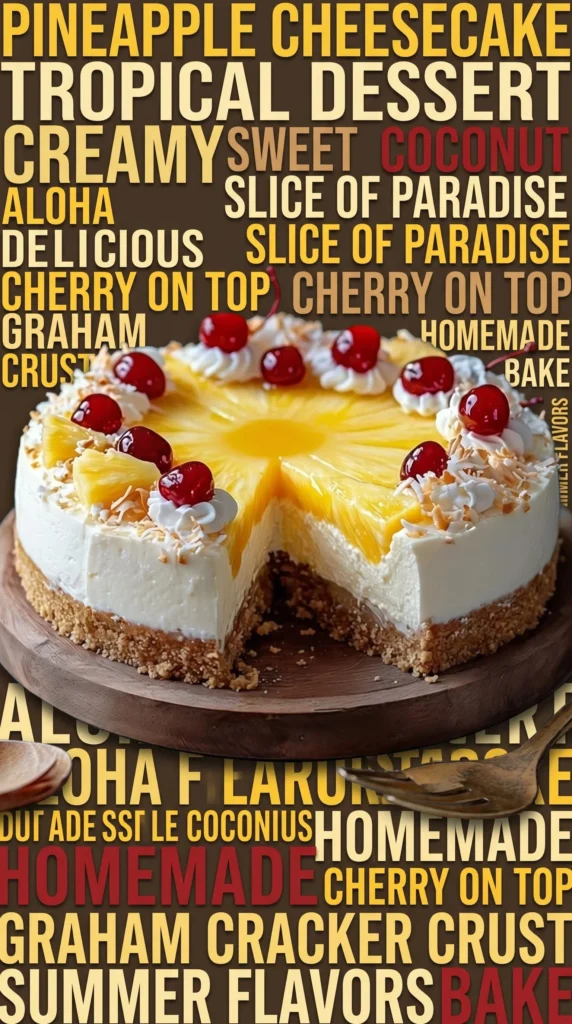 Delicious slice of Pineapple Coconut Cheesecake with tropical garnish