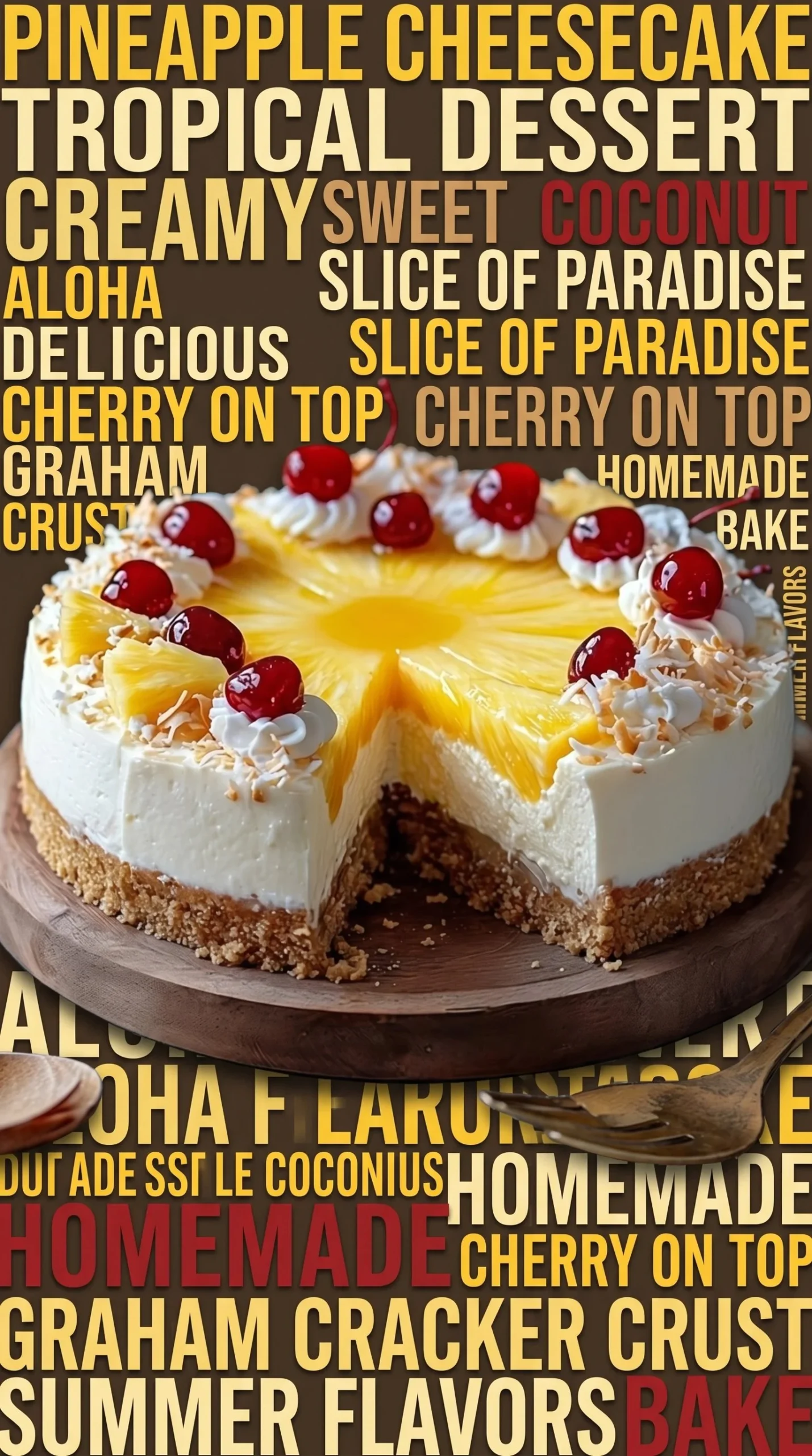 Delicious slice of Pineapple Coconut Cheesecake with tropical garnish