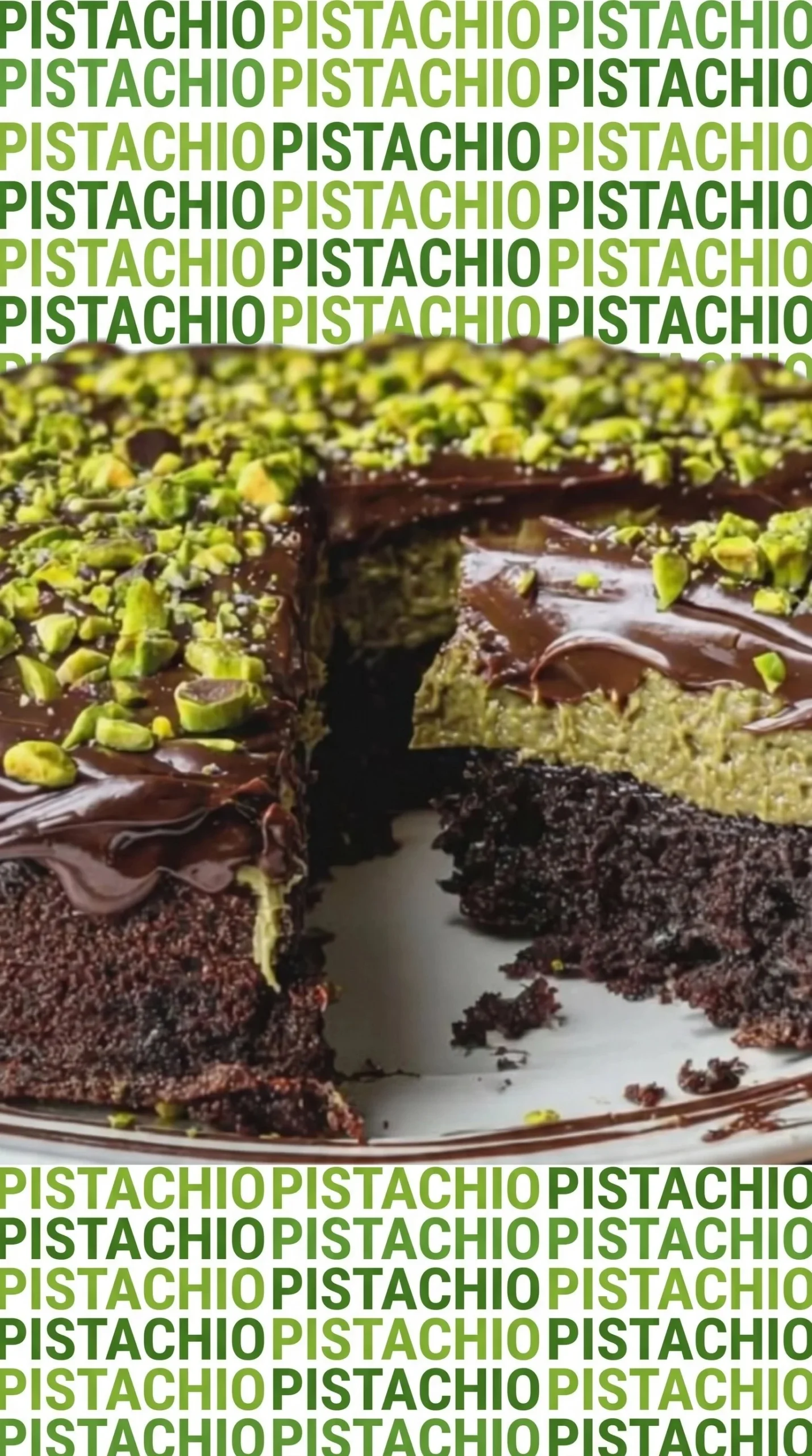 Pistachio Chocolate Cake topped with creamy chocolate frosting and pistachio nuts