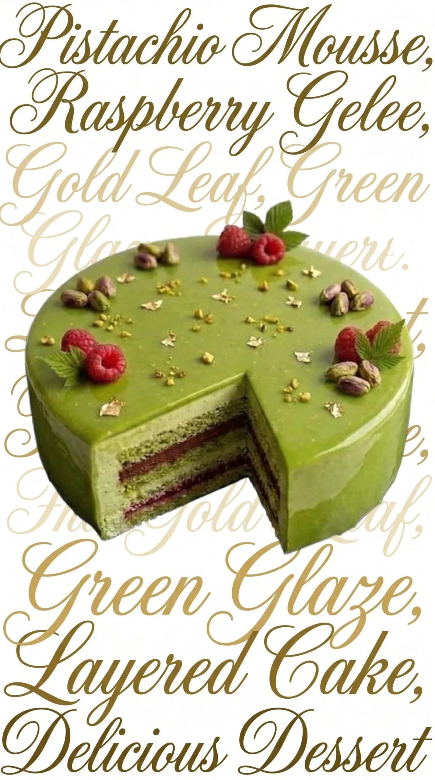 Pistachio opera cake with layers of cream and sponge, elegantly presented on a plate.