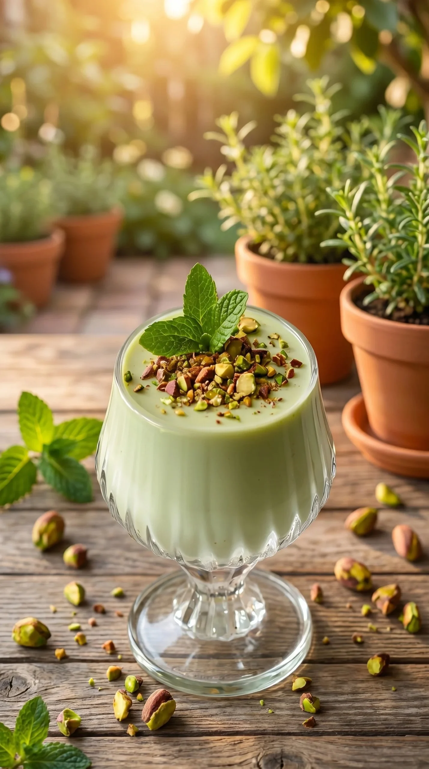 Delicious Pistachio Panna Cotta topped with crushed pistachios