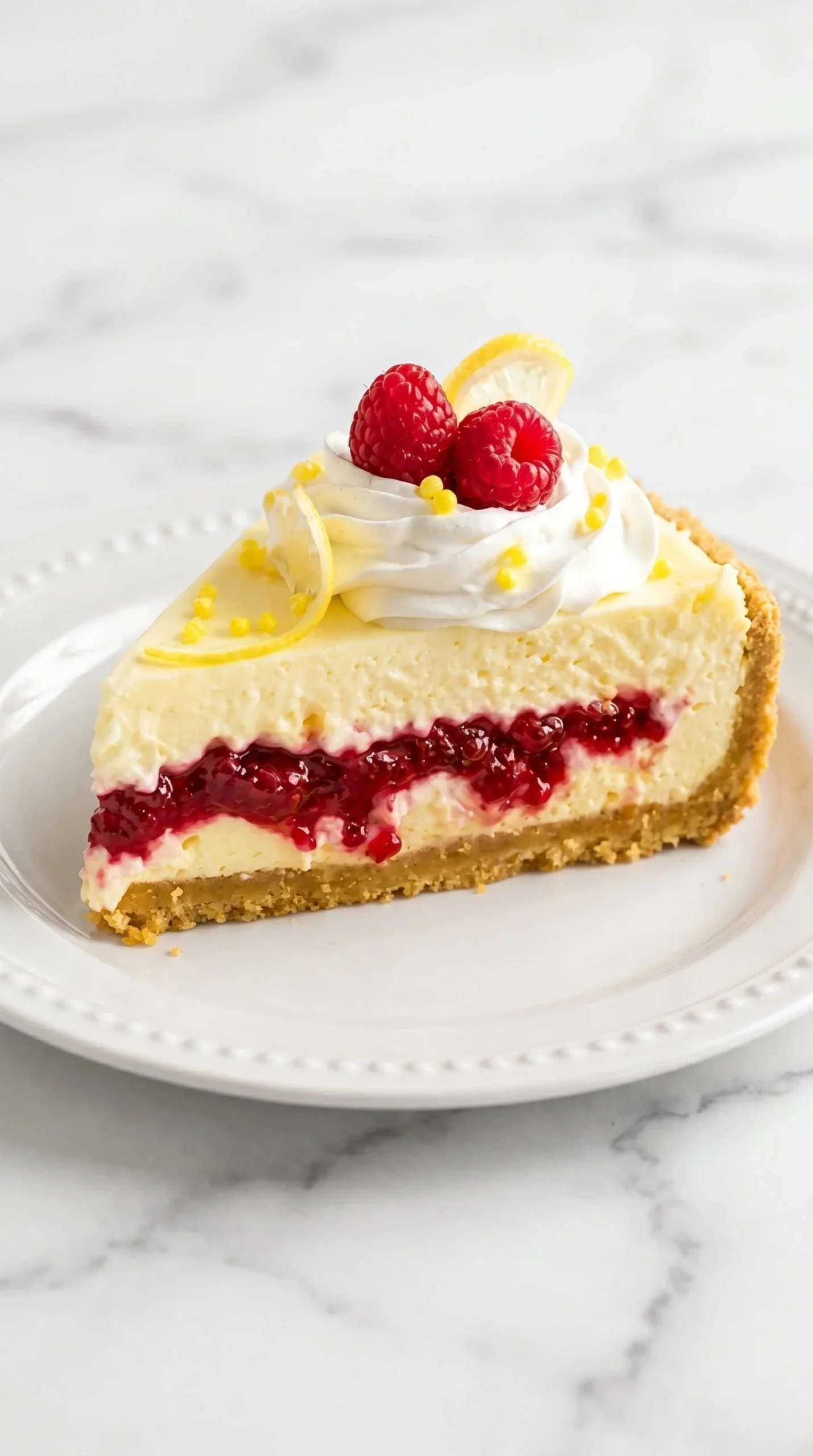 Delicious raspberry cheesecake topped with creamy pudding and fresh raspberries