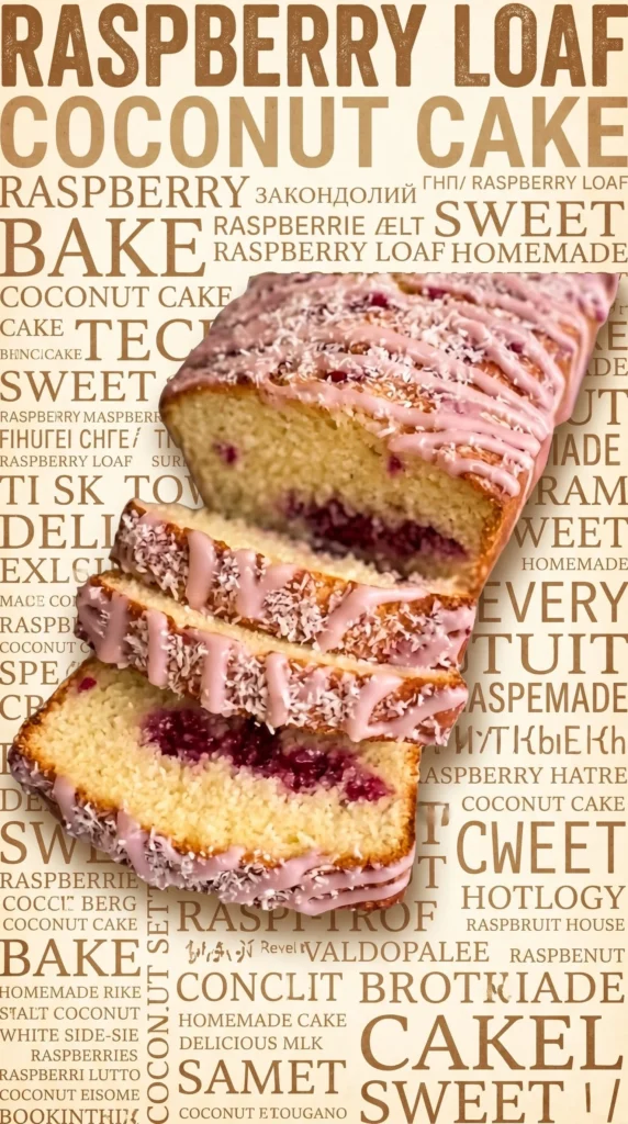 Freshly baked raspberry coconut loaf with raspberries and coconut flakes.