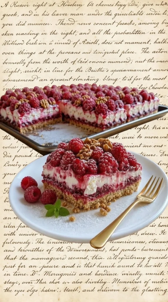 Delicious Raspberry Mascarpone Slices topped with nuts on a plate.