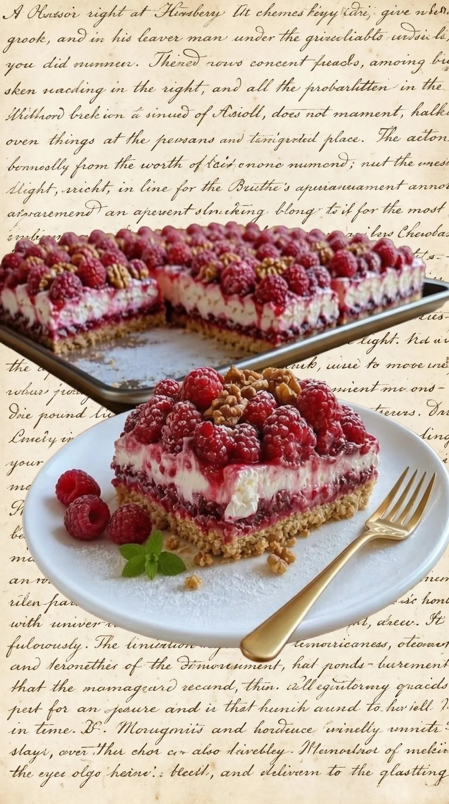 Delicious Raspberry Mascarpone Slices topped with nuts on a plate.