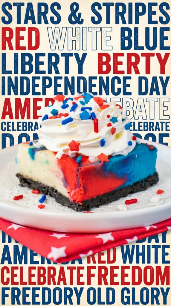 Red White and Blue Cheesecake Bars featuring a creamy topping and vibrant berries
