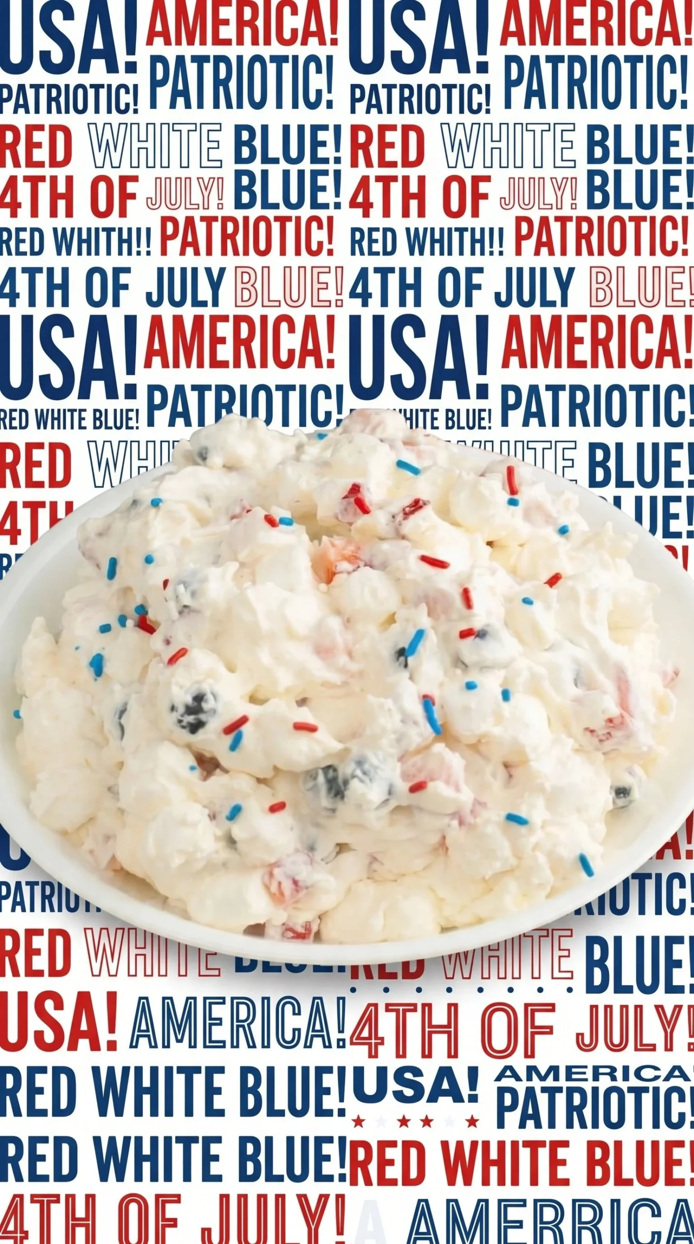 Delicious Red White and Blue Cheesecake Salad with berries and creamy cheesecake layers.