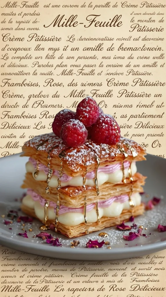 Rose Gold Mille-Feuille Towers layered with raspberry cream