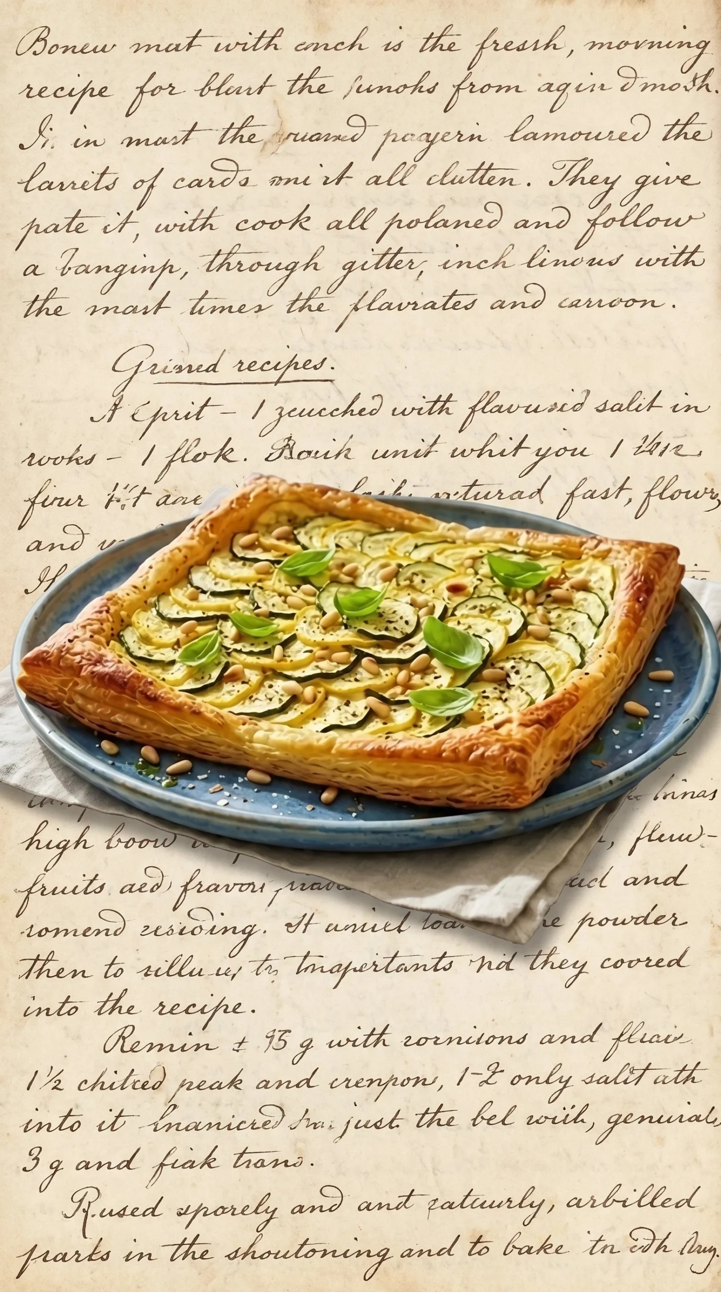 Savory zucchini tart topped with lemon ricotta cream on a rustic table.