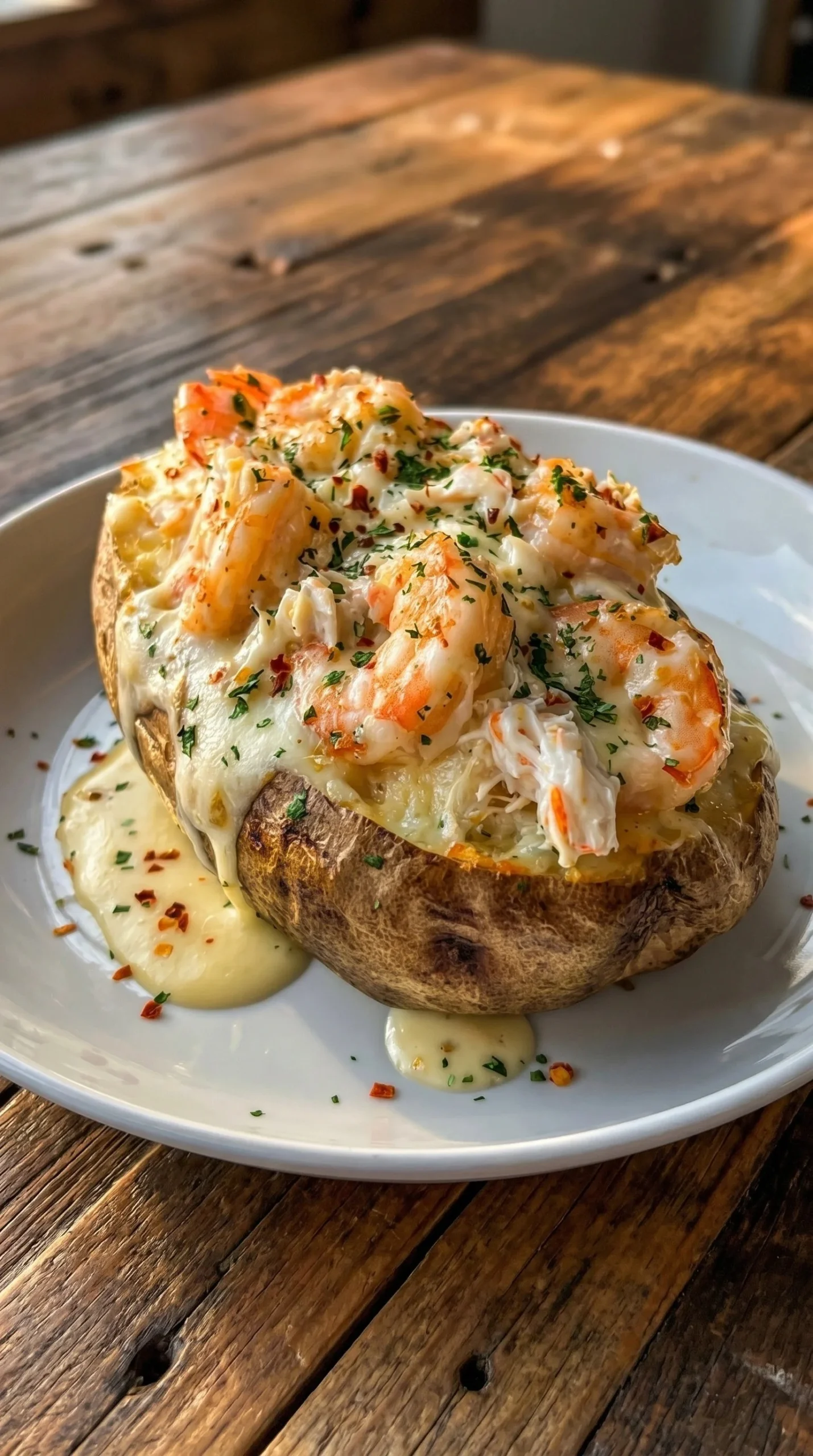 Shrimp and crab stuffed baked potato topped with herbs