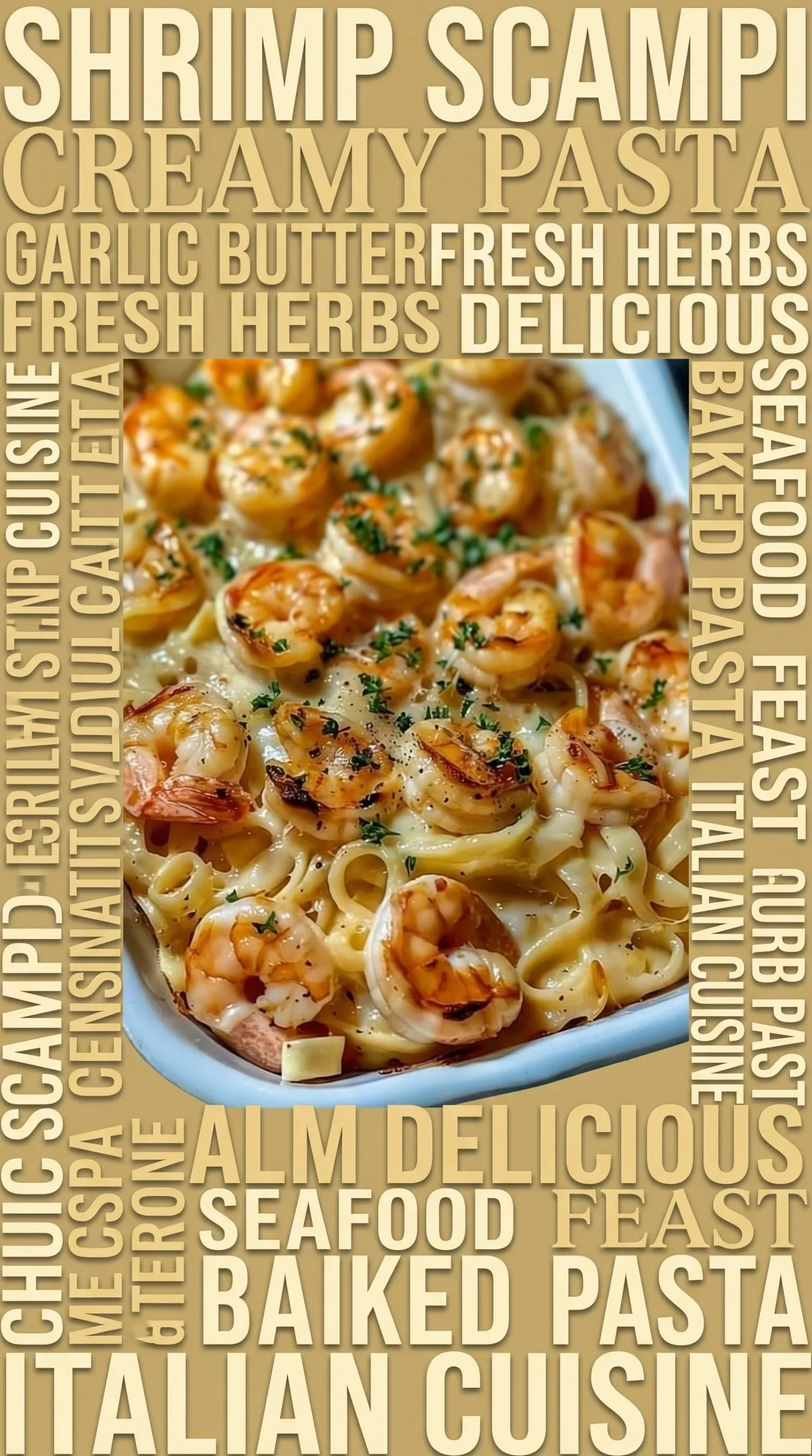 Shrimp Scampi Pasta Bake topped with cheese in a casserole dish