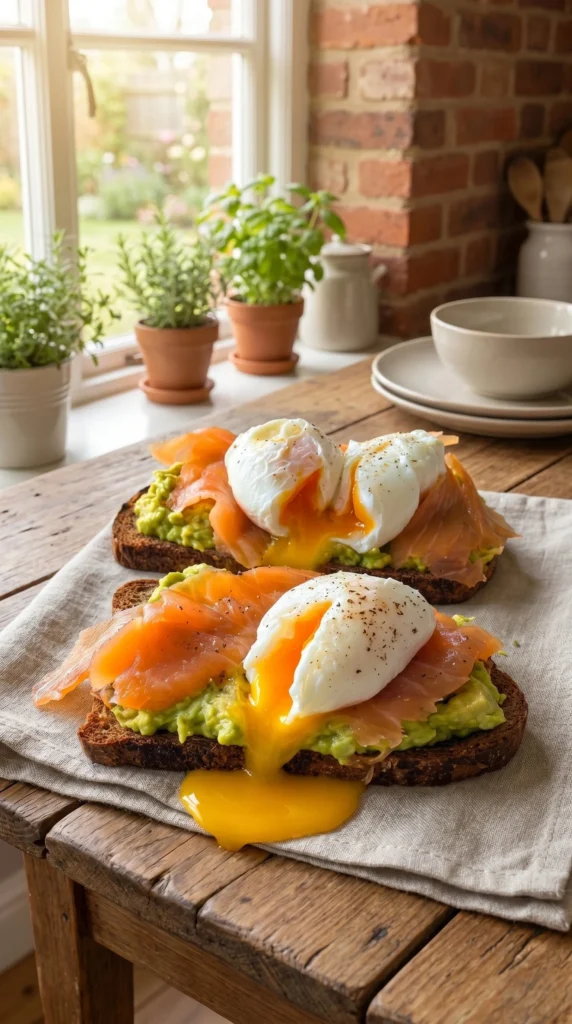 Smoked salmon and oozy poached egg toast garnished with herbs.