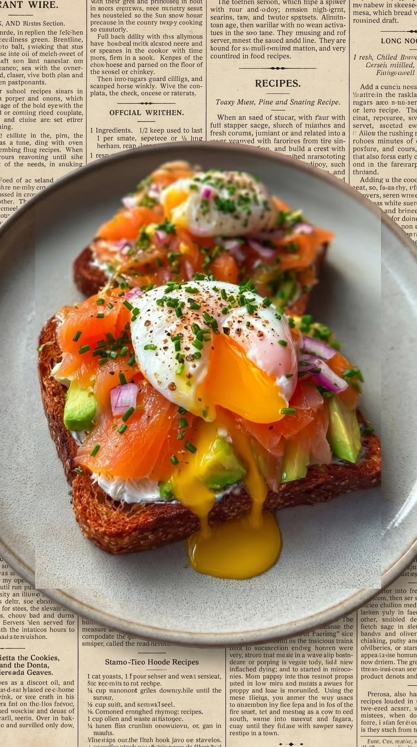 Smoked salmon poached egg toast topped with herbs on a wooden plate.