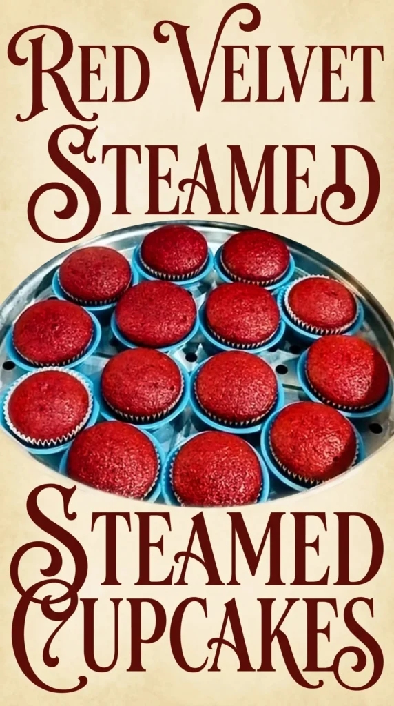 Steamed red velvet cupcakes topped with cream cheese frosting.