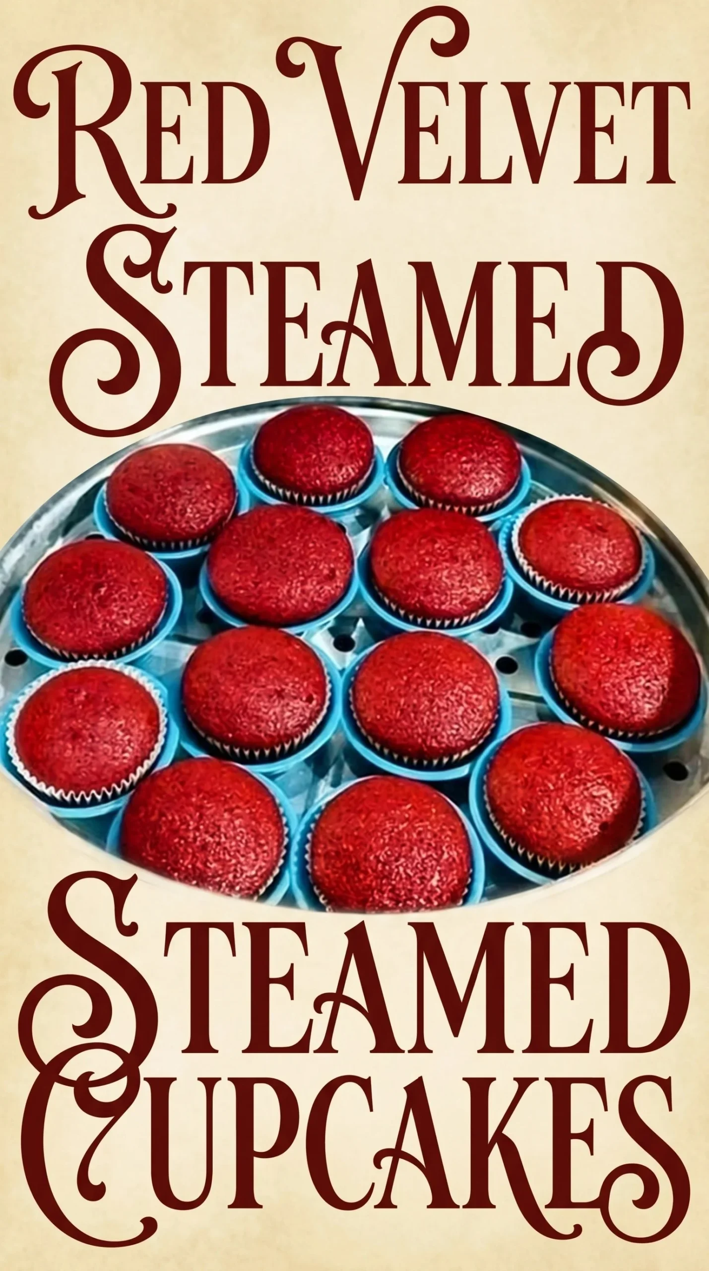 Steamed red velvet cupcakes topped with cream cheese frosting.