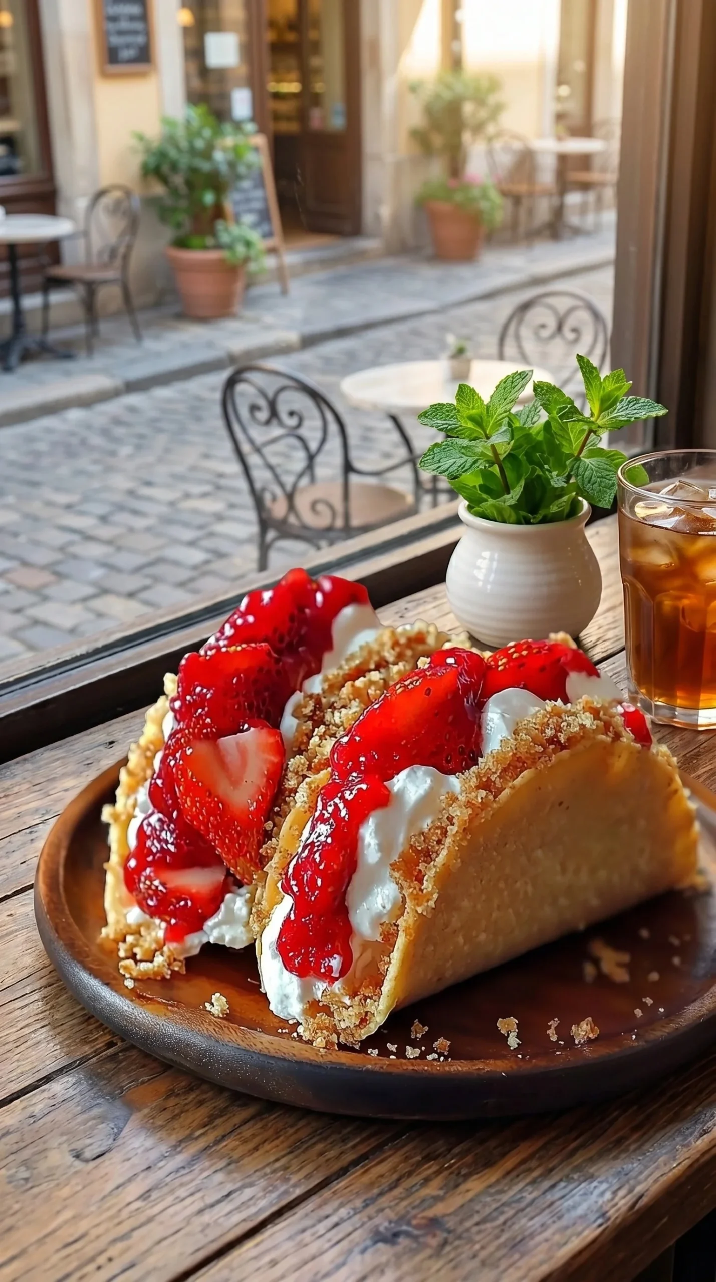 Delicious Strawberry Crunch Cheesecake Tacos topped with fresh strawberries and crunch.