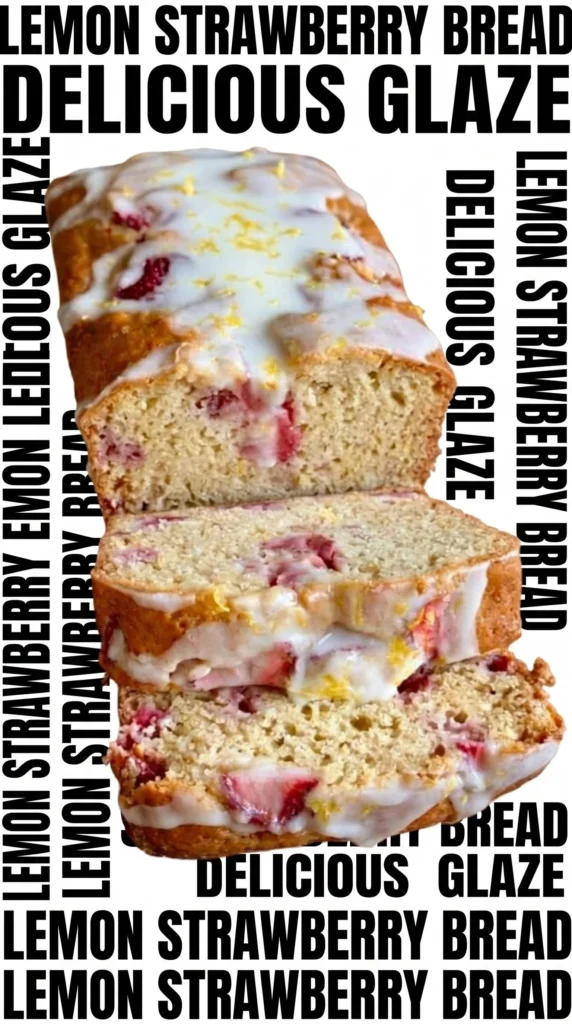 Freshly baked strawberry lemon bread with slices on a wooden table.