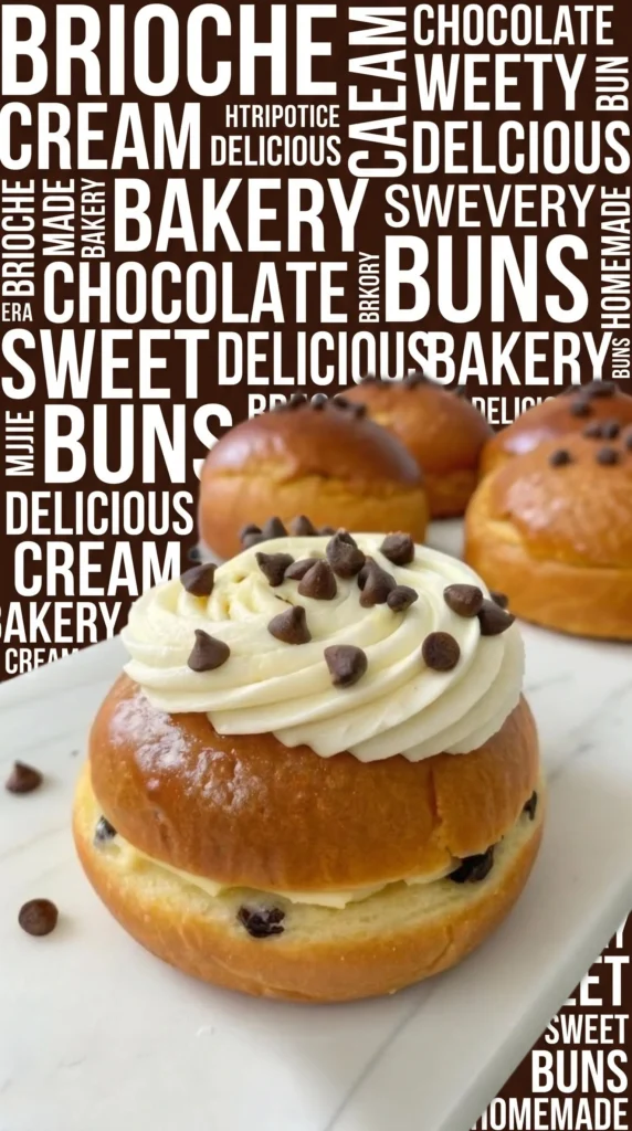 Stuffed brioche with Chantilly cream and chocolate chips on a white plate
