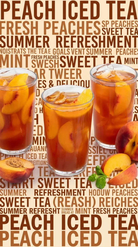 A glass of sweet peach iced tea garnished with fresh peach slices and mint