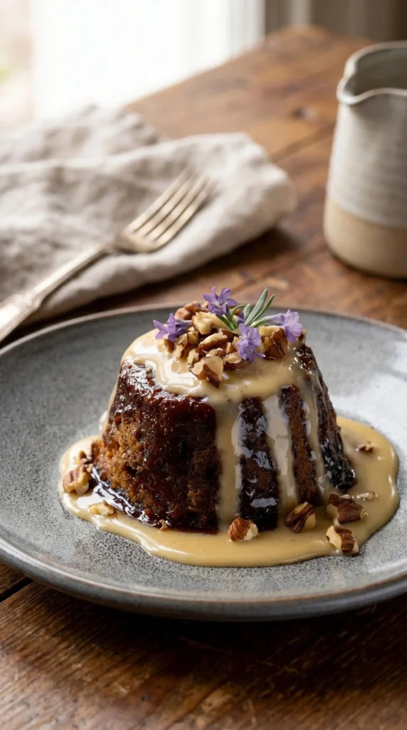 Traditional plum pudding served with brandy butter sauce