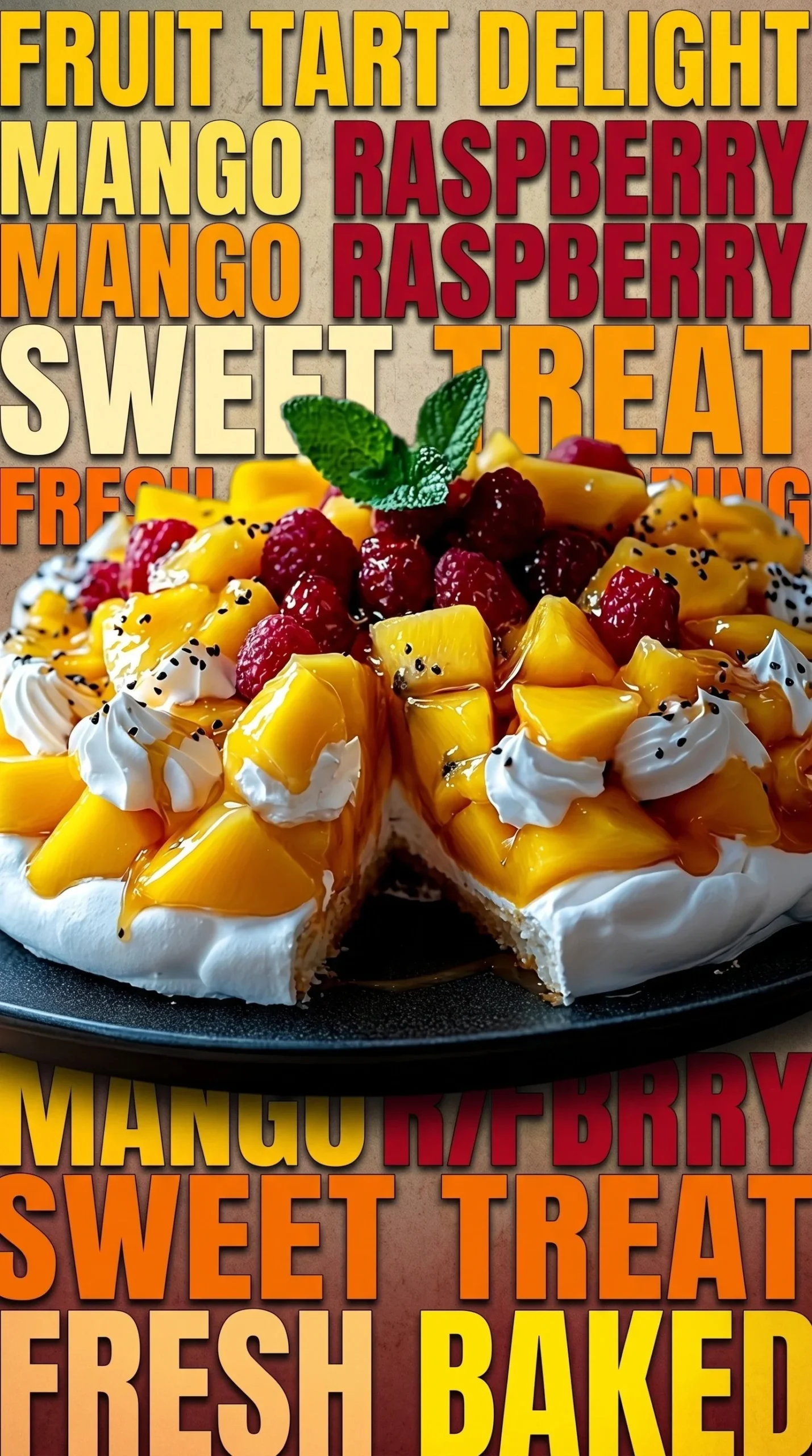 Delicious Tropical Fruit Pavlova topped with vibrant exotic fruits
