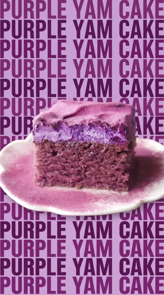 Delicious vegan ube sheet cake topped with purple frosting and decorated with sprinkles.