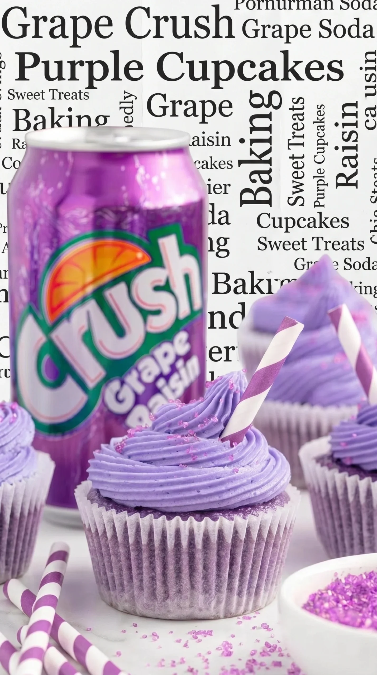 Whimsical grape soda cupcakes topped with purple frosting and colorful sprinkles