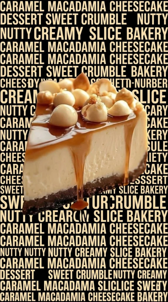 Slice of white chocolate macadamia nut cheesecake drizzled with caramel sauce