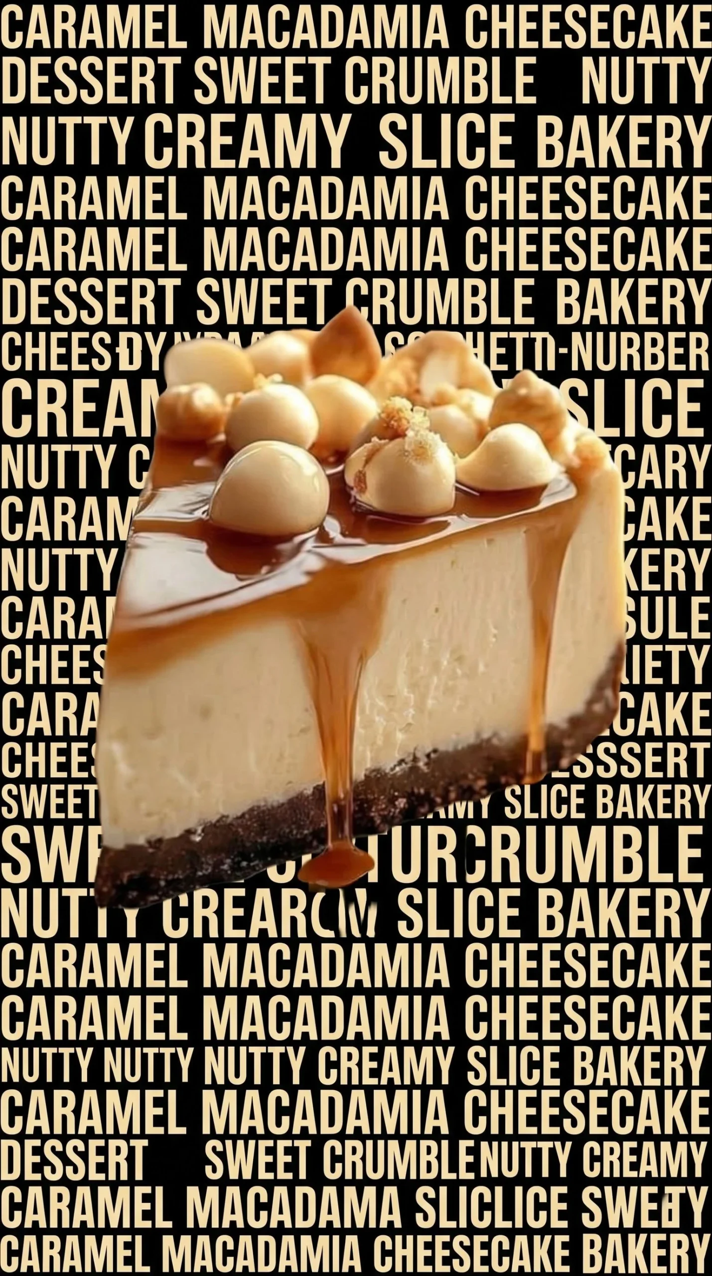Slice of white chocolate macadamia nut cheesecake drizzled with caramel sauce