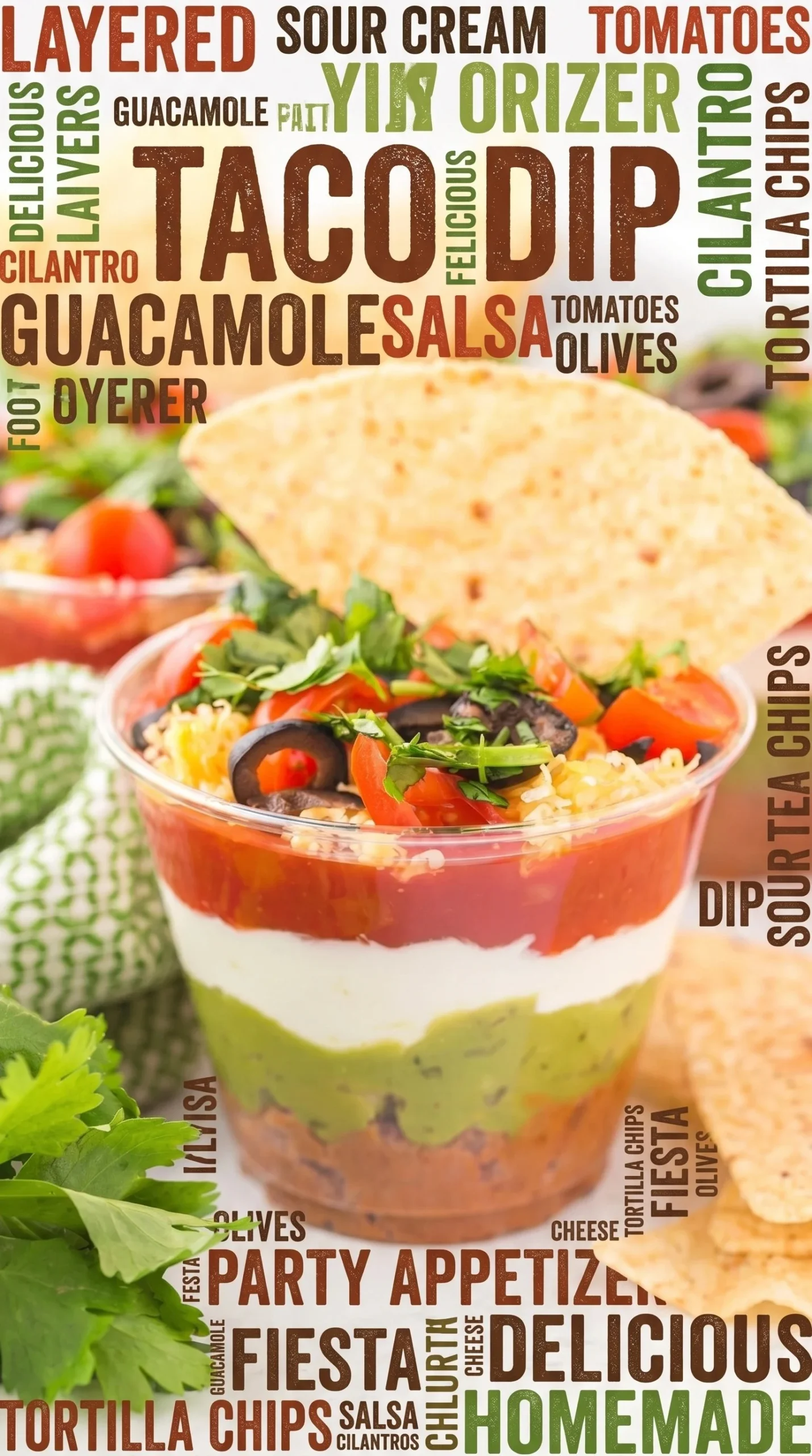 7 Layer Dip Cups with colorful layers of ingredients for parties