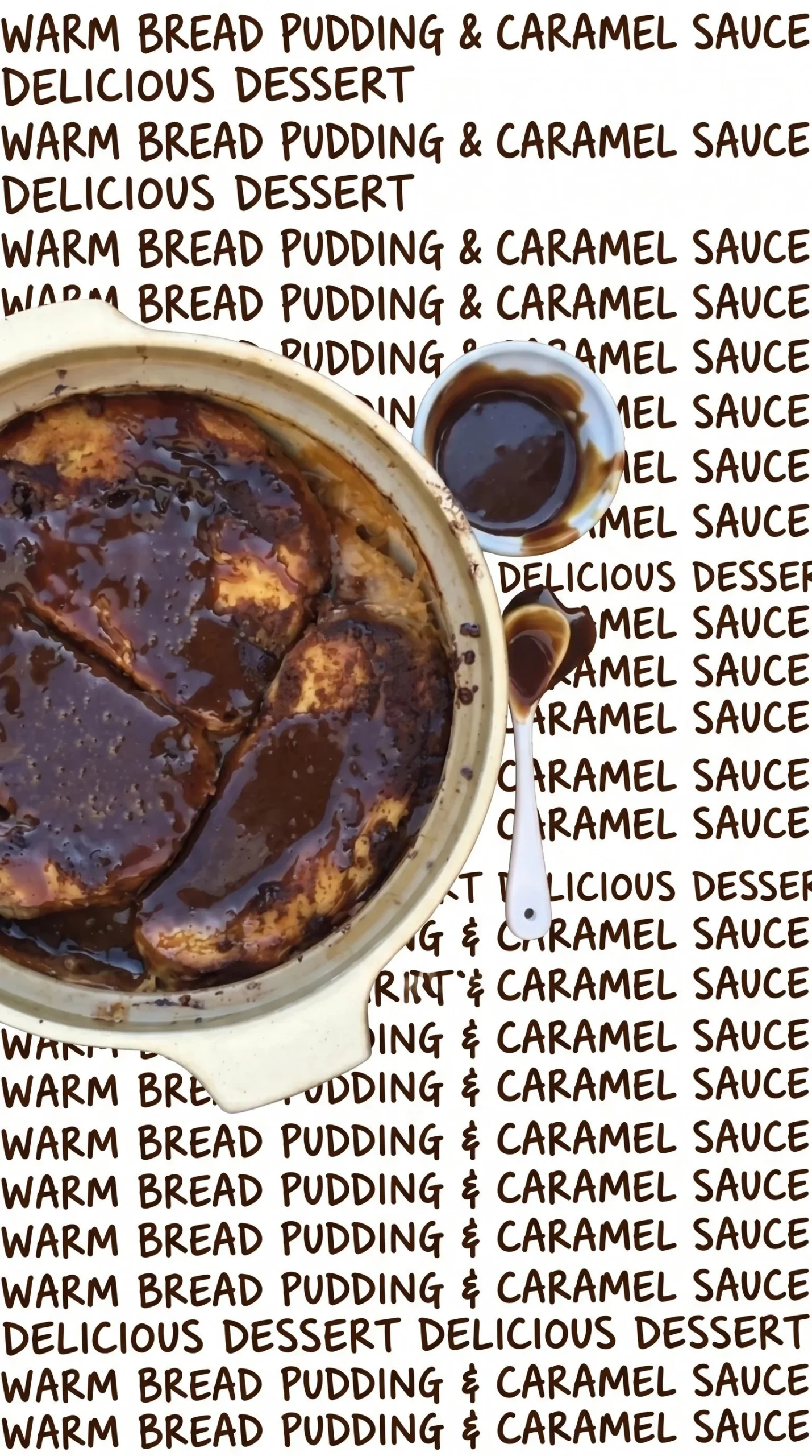Delicious homemade banana bread pudding topped with caramel sauce and banana slices.