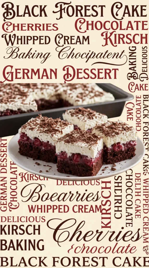 Delicious Black Forest Cherry Sheet Cake topped with cherries and whipped cream