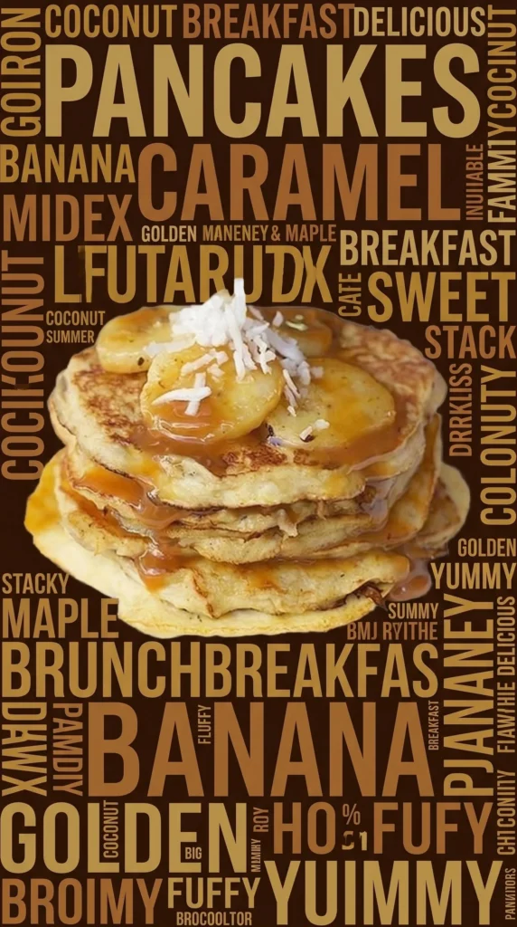 Delicious caramel banana pancakes topped with syrup and fresh bananas.